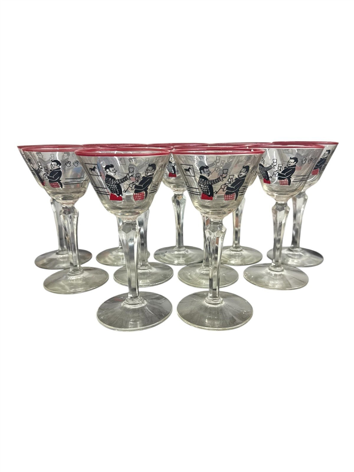 MCM Libbey Set of 11 Glass Pickwick Dickens Men in Tavern Cocktail Glasses