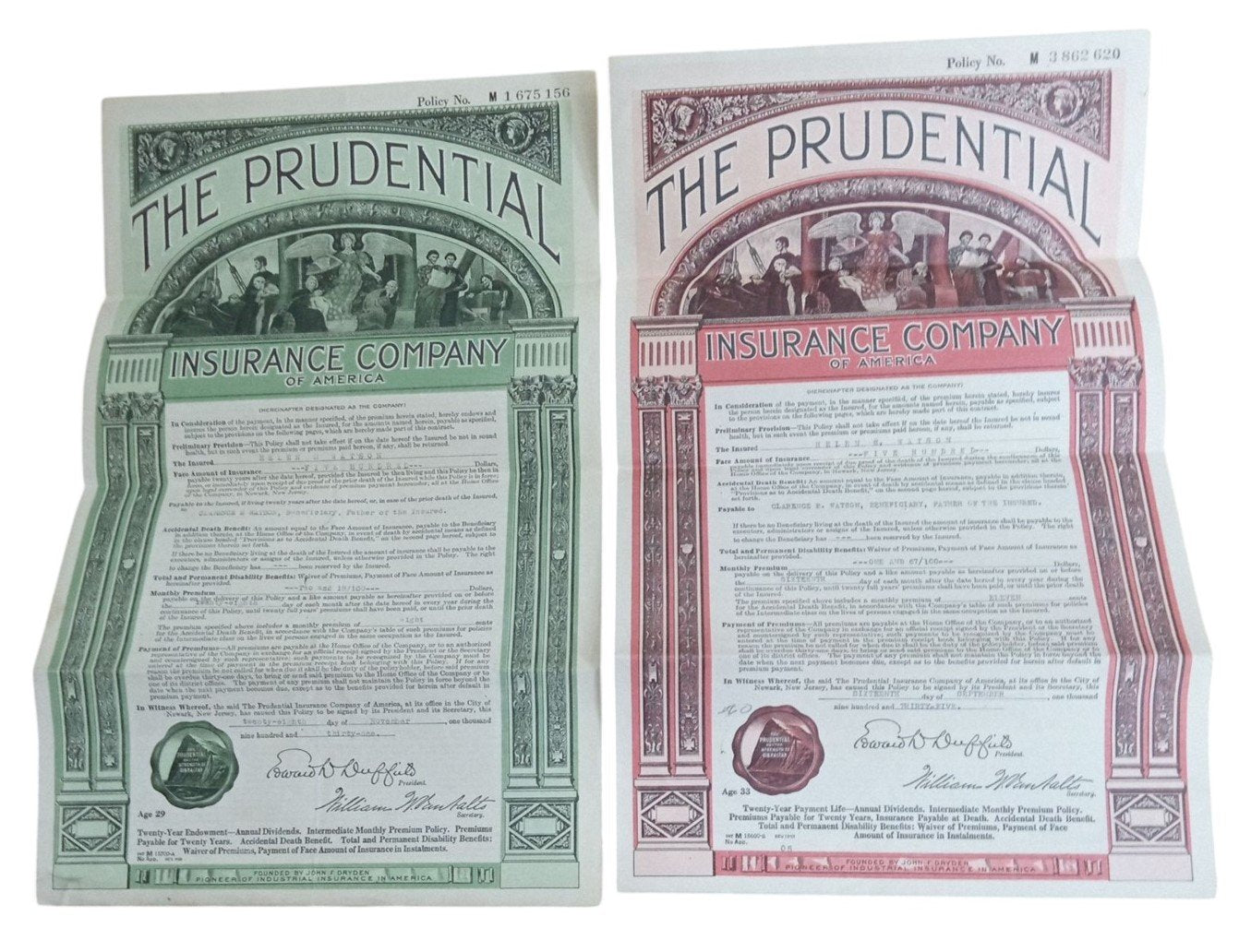 Prudential Insurance Policies 1930s Vintage Antique Collectible Nostalgic