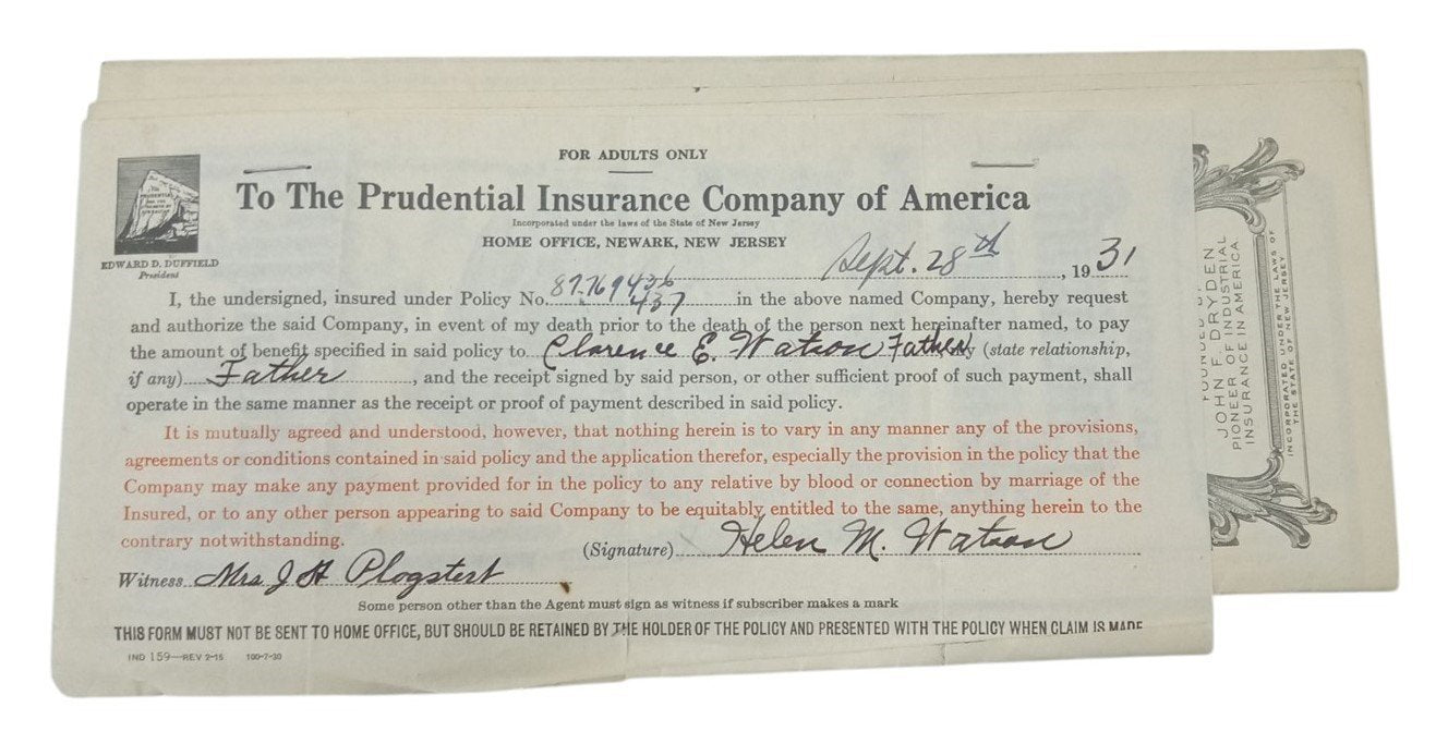Prudential Insurance Policies 1930s Vintage Antique Collectible Nostalgic