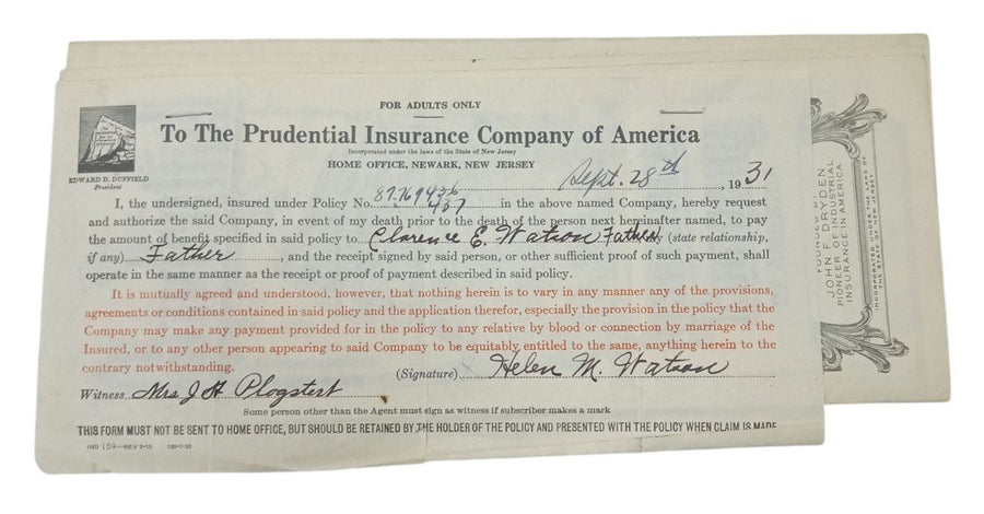 Prudential Insurance Policies 1930s Vintage Antique Collectible Nostalgic