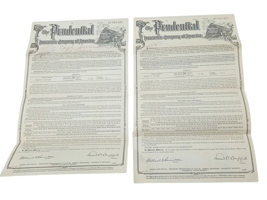 Prudential Insurance Policies 1930s Vintage Antique Collectible Nostalgic