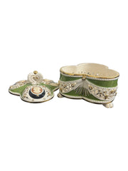 Trinket Box Vintage Ceramic Italy Moss Green and White with Gold Accents