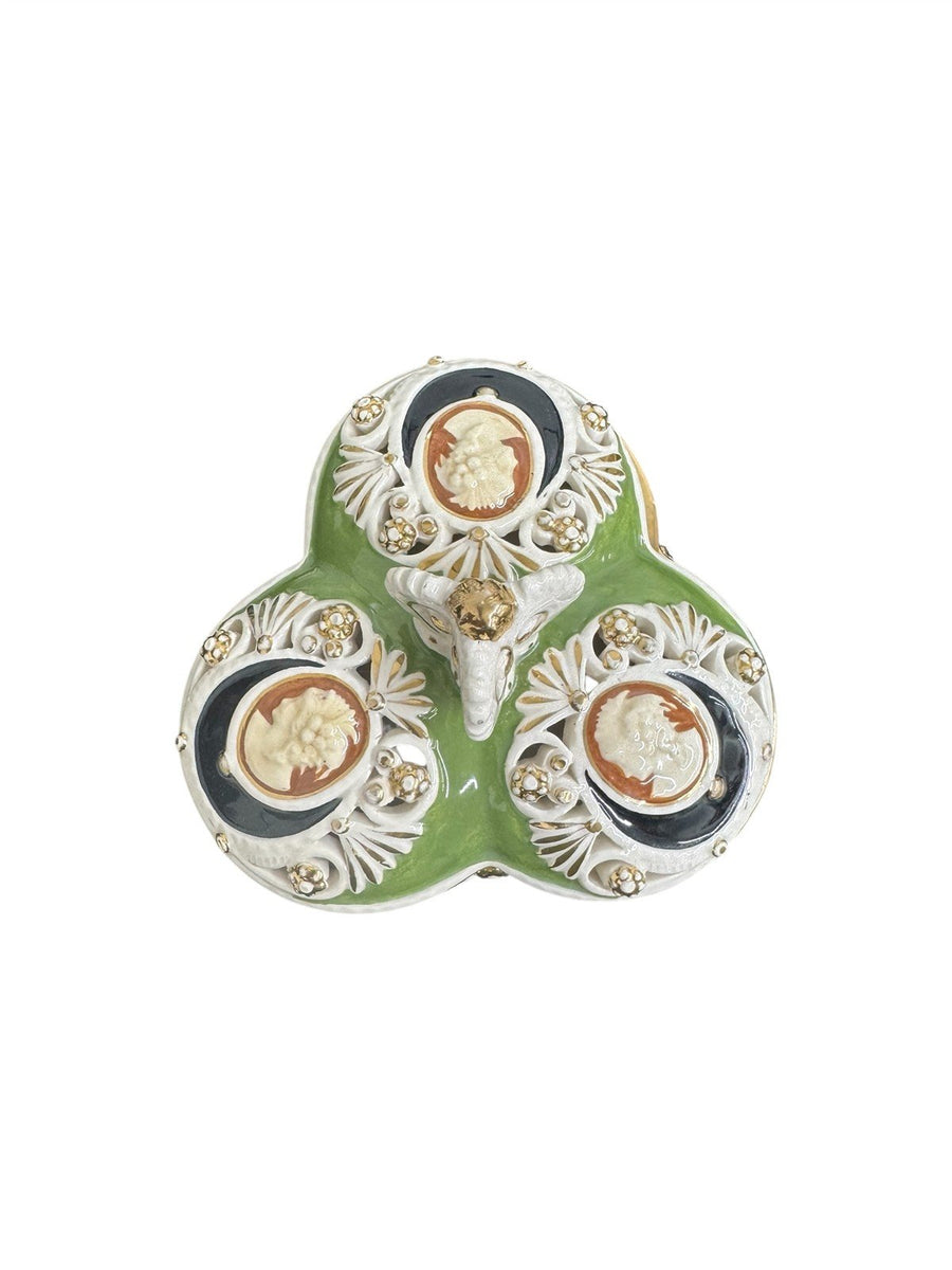 Trinket Box Vintage Ceramic Italy Moss Green and White with Gold Accents