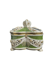 Trinket Box Vintage Ceramic Italy Moss Green and White with Gold Accents