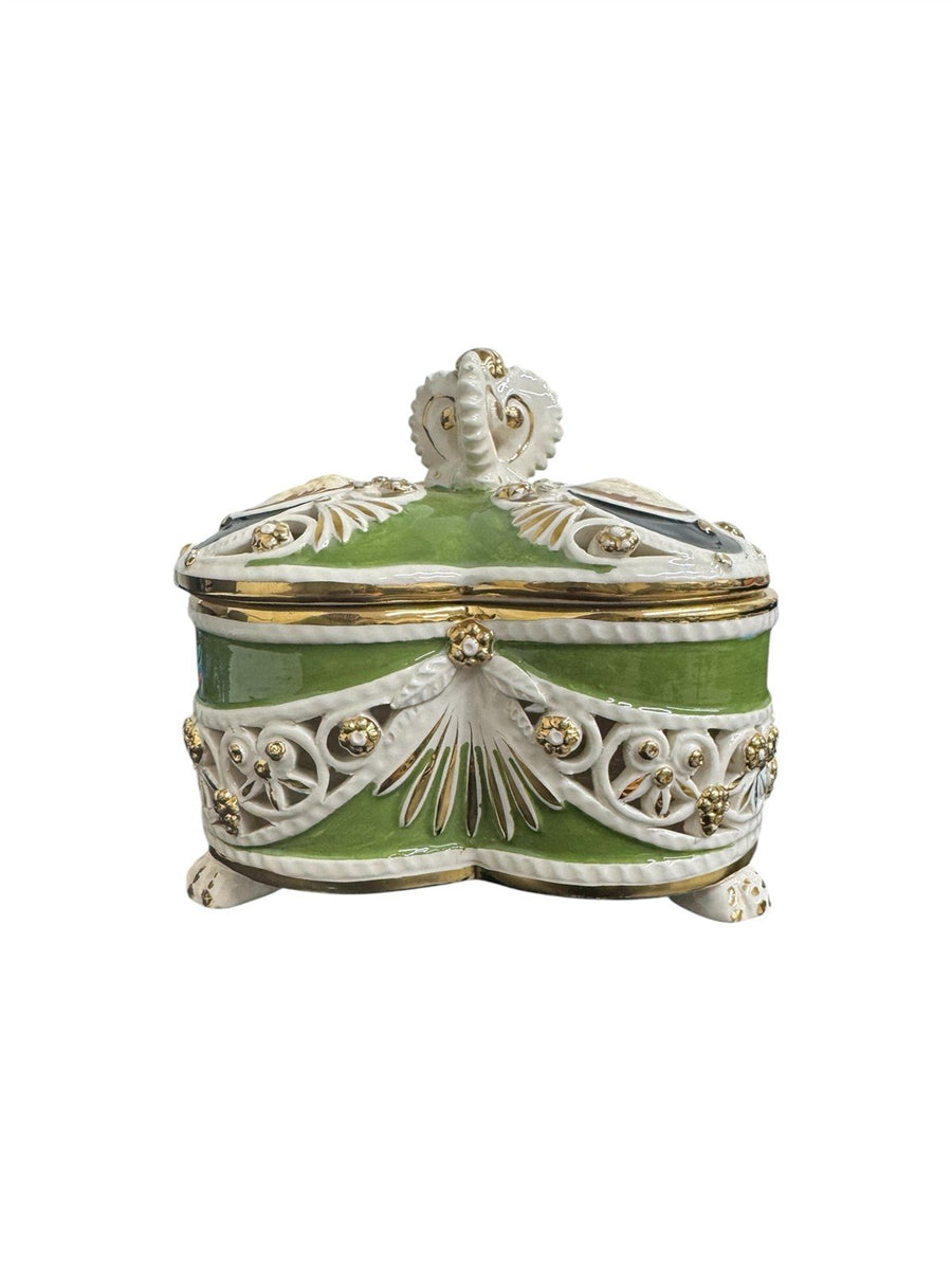 Trinket Box Vintage Ceramic Italy Moss Green and White with Gold Accents