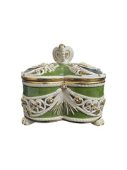 Trinket Box Vintage Ceramic Italy Moss Green and White with Gold Accents