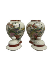 Vase Vintage Satsuma Japan Porcelain Floral Peacocks 9" Tall 1970's Set of 2