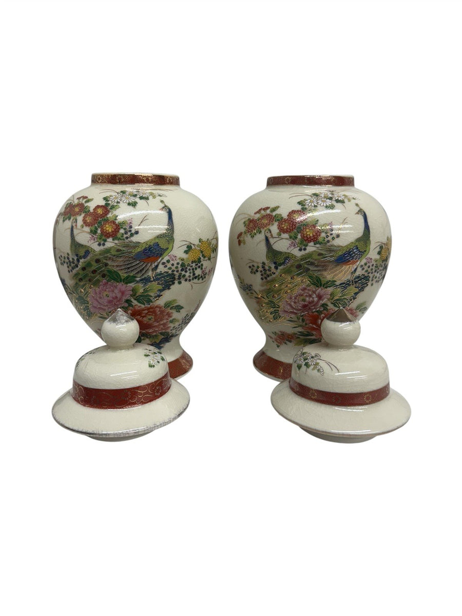 Vase Vintage Satsuma Japan Porcelain Floral Peacocks 9" Tall 1970's Set of 2