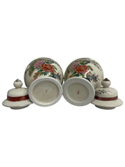 Vase Vintage Satsuma Japan Porcelain Floral Peacocks 9" Tall 1970's Set of 2