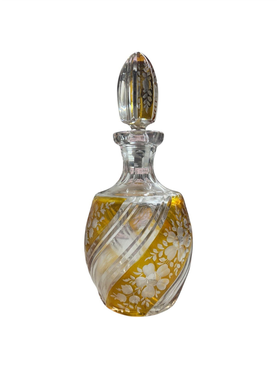 Decanter Antique Bohemian Glass Flashed Amber with Engraved Floral Decoration
