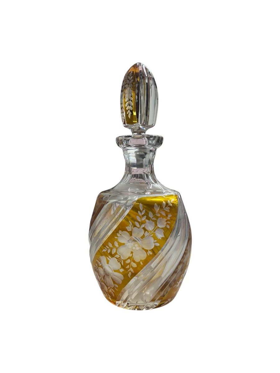Decanter Antique Bohemian Glass Flashed Amber with Engraved Floral Decoration