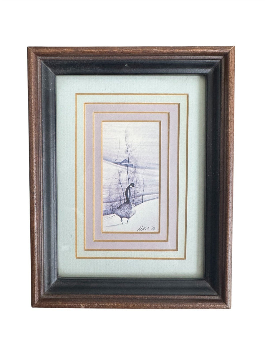 Print Vintage P Buckley Moss Goose Snow Woods Framed Quad Matted