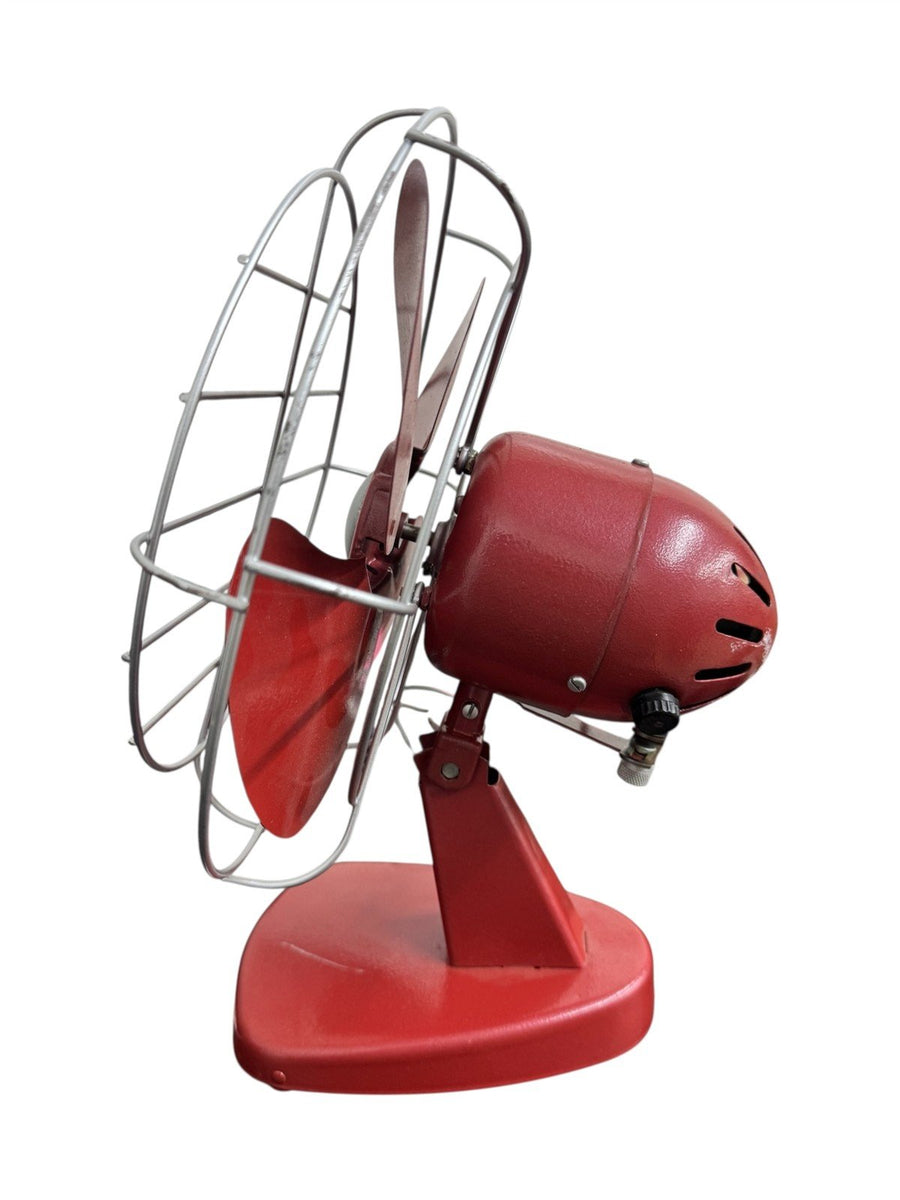 Red Vintage Desktop Fan Oscillating Wall Plug Working Tested 4 Blades