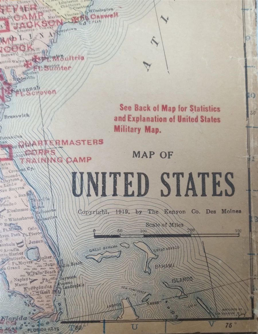 US Postal Service Map Of Military Bases WW1 1919 15x21 Antique Militaria