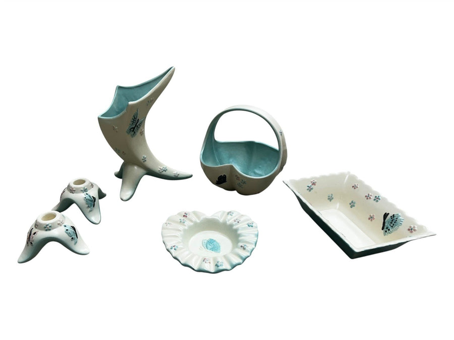 Hull Pottery Butterfly Candleholders, Vase, Ashtray, Tray and Basket Vintage Lot