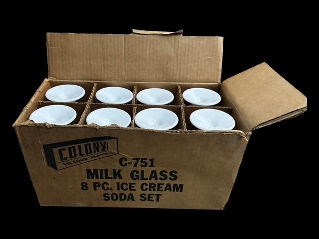 Milk Glass Ice Cream and Soda Vintage Glasses 8 Piece in Original Box by Colony