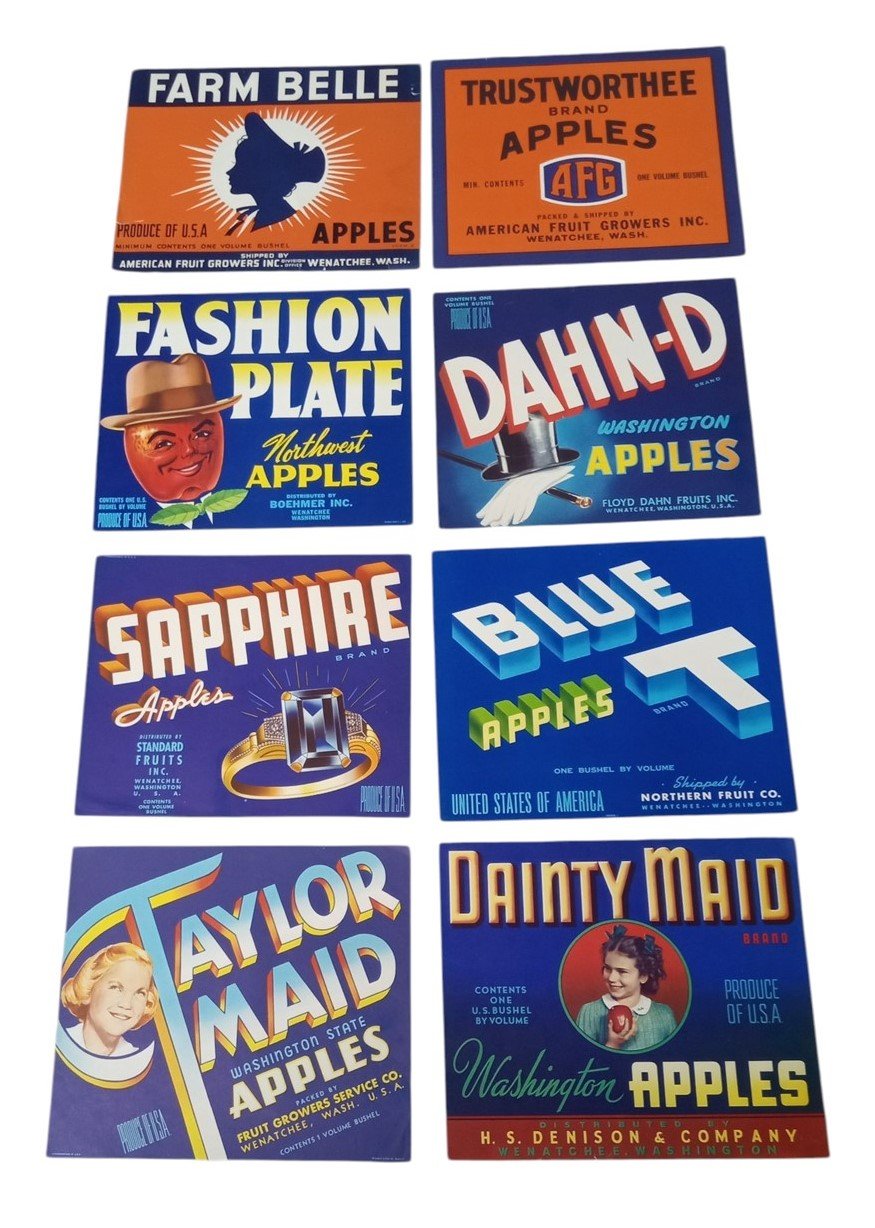 Wenatchee Washington Produce Crate Labels 9x10 Set Of 8 Vintage Collectible