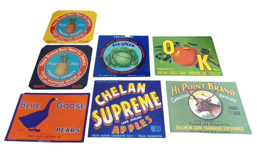 Fruit/Produce Crate Labels Set Of 7 Vintage Collectible Nostalgic 1960s