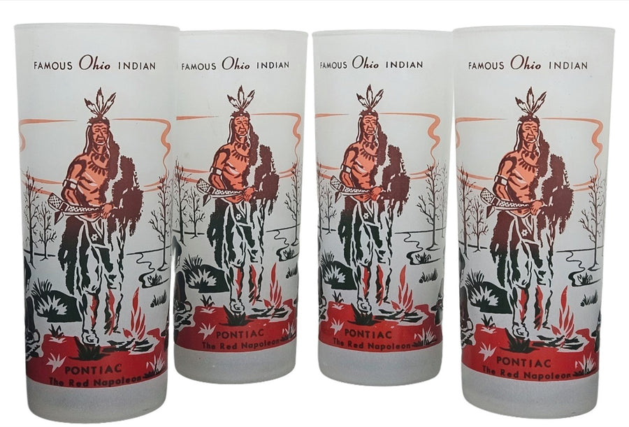 Native American Indians Vintage Frosted Glass set of 4-1950's series