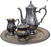 Silver Platter & Teapot Set With Tray, Creamer, and Sugar Bowl With Lid