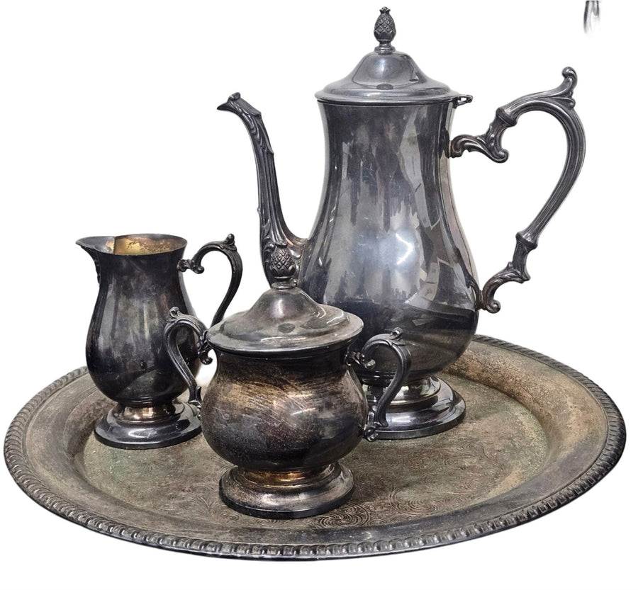 Silver Platter & Teapot Set With Tray, Creamer, and Sugar Bowl With Lid