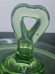 Lemon-Lime Vintage Vaseline Depression Glass Tray With Heart-Shaped Handle