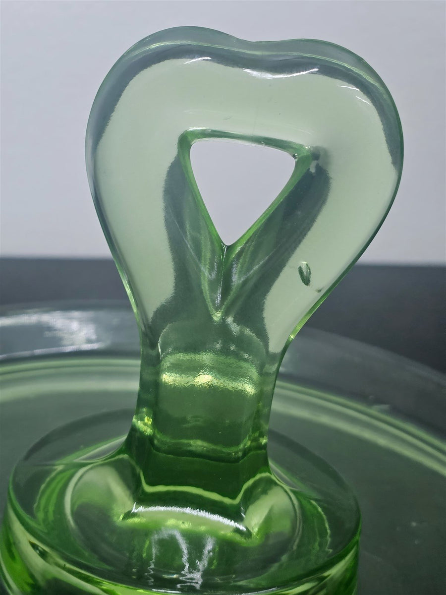 Lemon-Lime Vintage Vaseline Depression Glass Tray With Heart-Shaped Handle