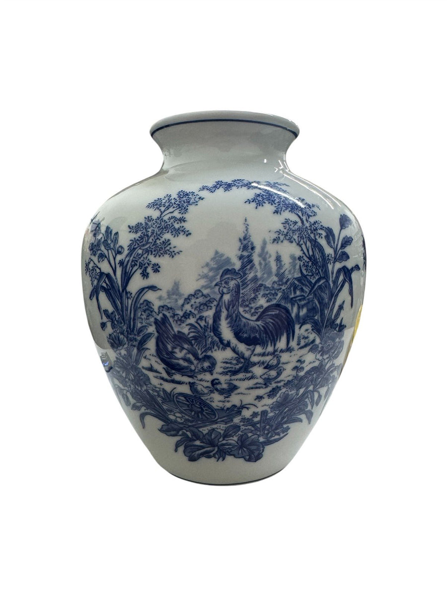 Vase Porcelain Formalities Baum Brothers China Blue and White Rooster Urn 10"