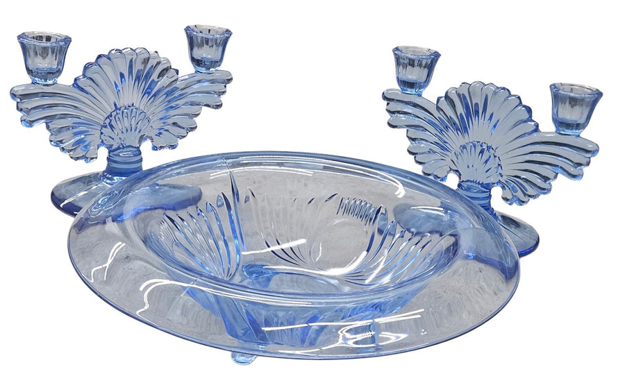 Copen Blue Vintage Glass "Paden City Maya" Console Set Full