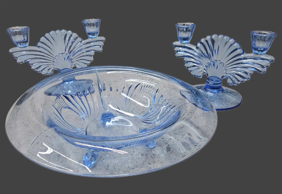 Copen Blue Vintage Glass "Paden City Maya" Console Set Full