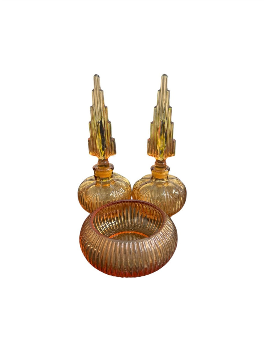 Perfume Bottle with Stopper Empoli Italy Amber Glass with Jewelry Dish Set of 3