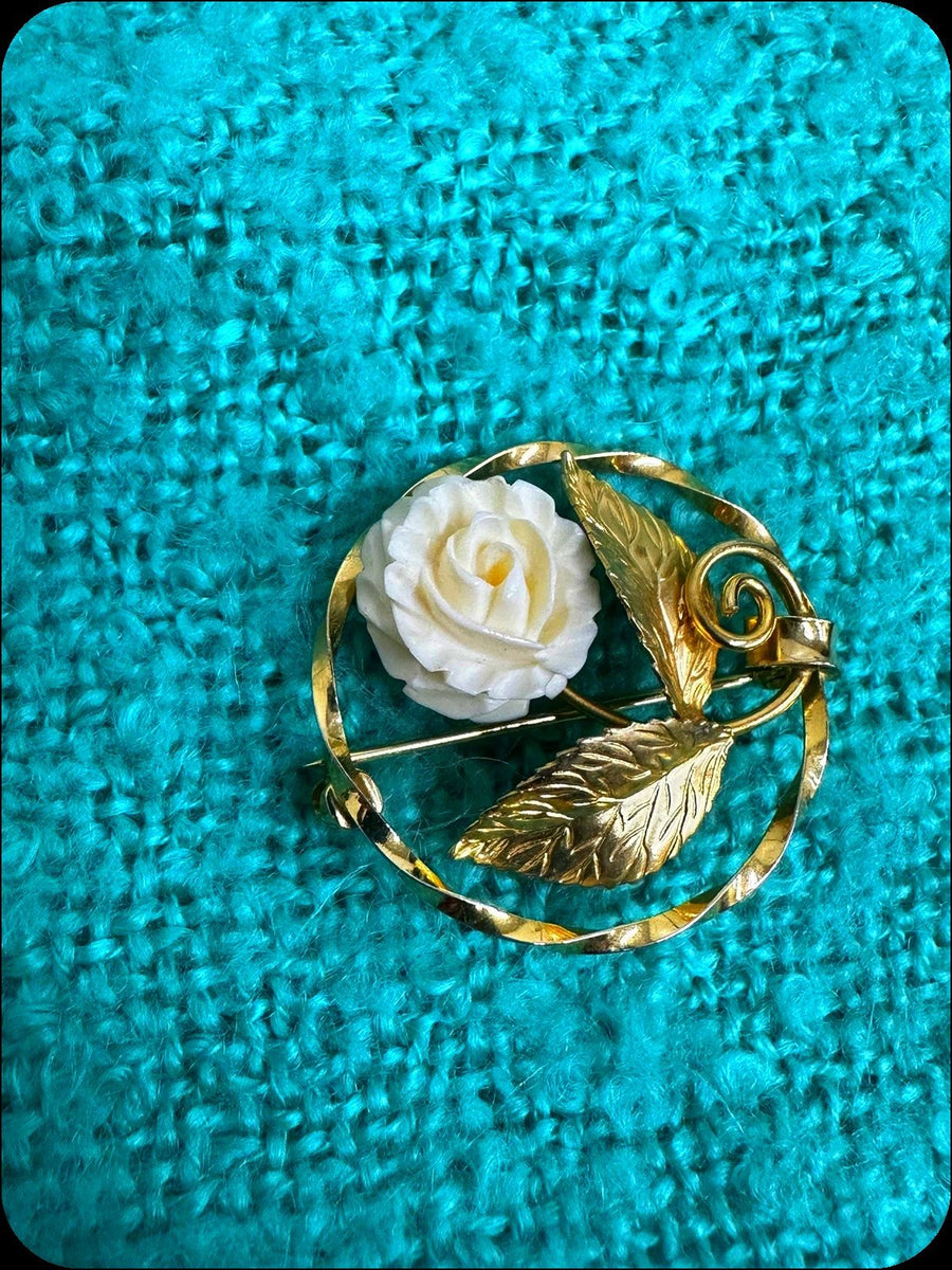 Antique Signed Karen Lynne 1950s Era 12k Gold-filled Rose Brooch