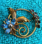 Antique 1940's 12k Gold Filled AMCO Blue Flower Art Deco Brooch | Missing 2 Gemstones