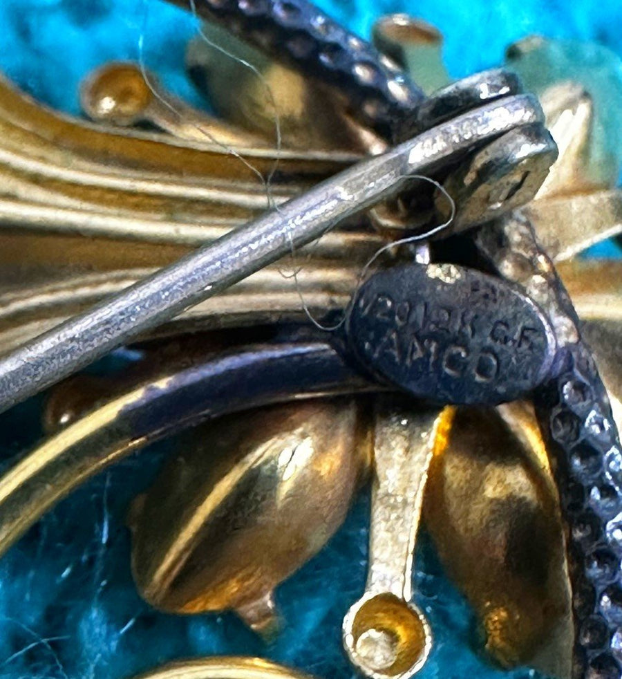 Antique 1940's 12k Gold Filled AMCO Blue Flower Art Deco Brooch | Missing 2 Gemstones