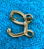 Unsigned Vintage Cursive "L" Gold Tone Brooch With Rhinestone Detailing