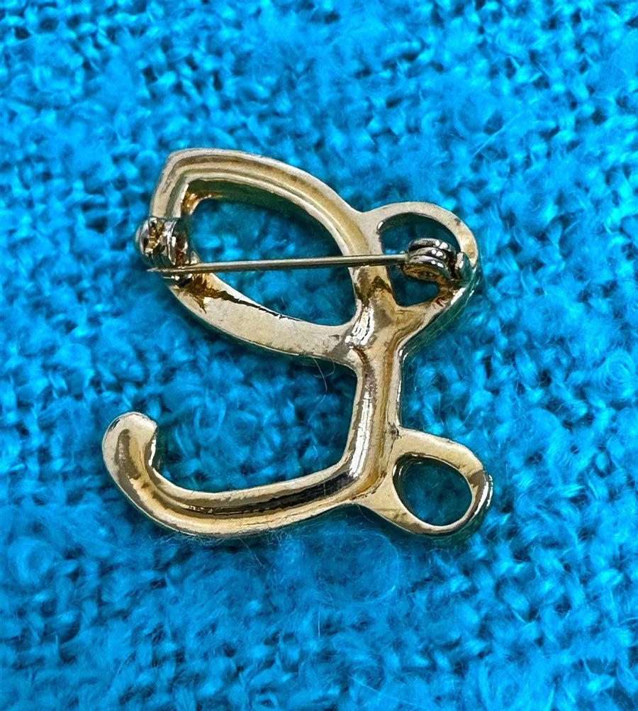 Unsigned Vintage Cursive "L" Gold Tone Brooch With Rhinestone Detailing