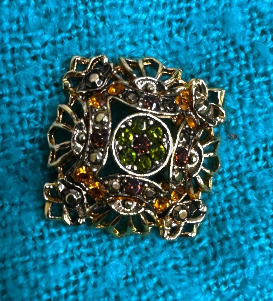 Unsigned Vintage Gold-toned Square Green, Brown, & Yellow Rhinestone Deco Brooch