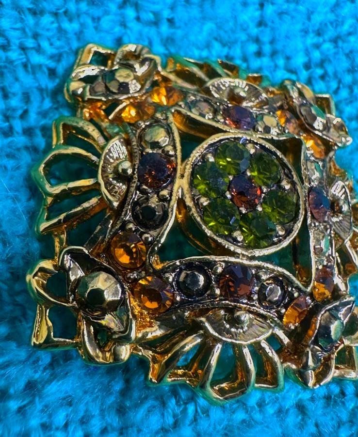Unsigned Vintage Gold-toned Square Green, Brown, & Yellow Rhinestone Deco Brooch