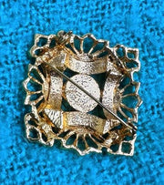Unsigned Vintage Gold-toned Square Green, Brown, & Yellow Rhinestone Deco Brooch