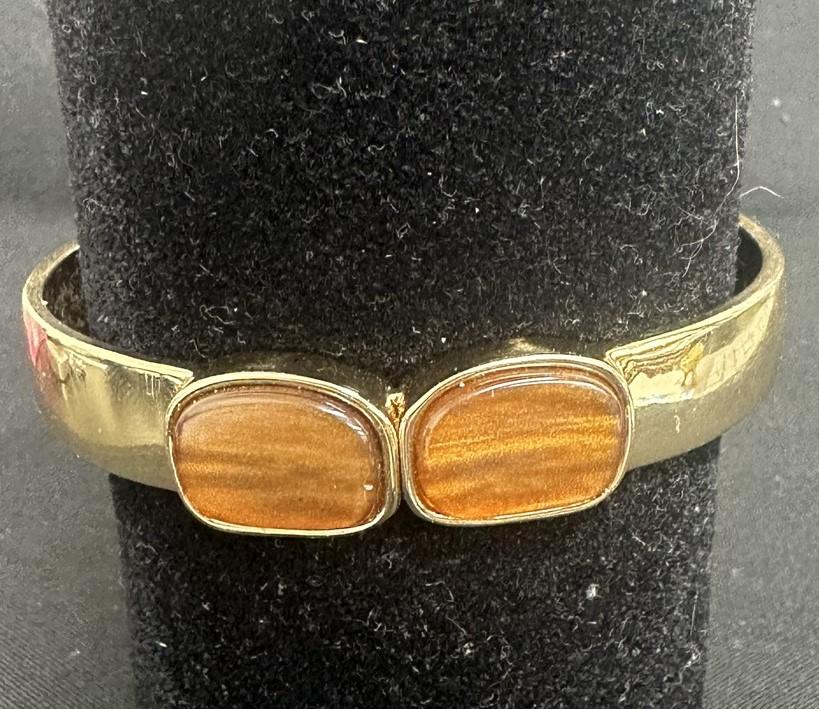 Gold-toned Clamp Bangle Bracelet With Tigers-Eye-Like Stones