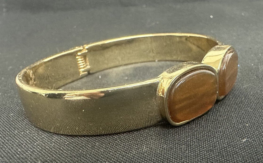 Gold-toned Clamp Bangle Bracelet With Tigers-Eye-Like Stones