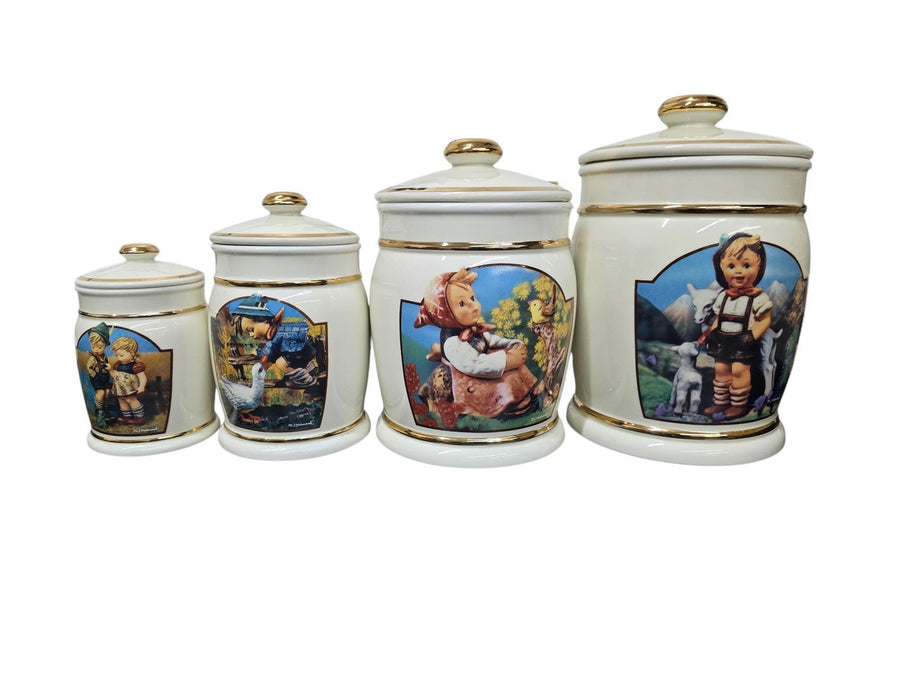 Danbury Mint Hummel ivory, gold canisters "Little goat & In time" - 4 piece set