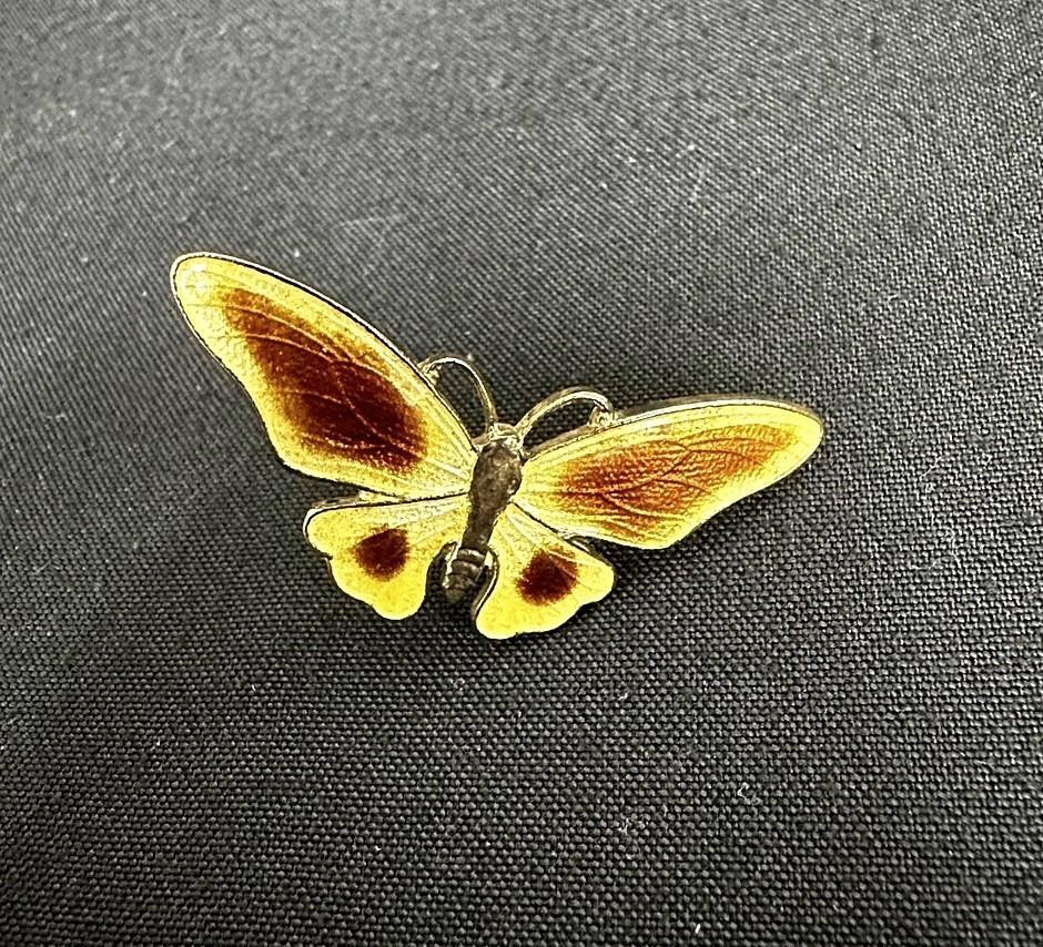 Enamel Yellow and Brown Metal Butterfly Brooch