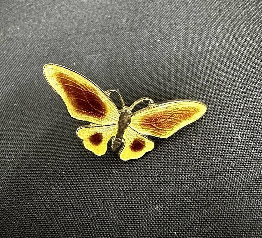 Enamel Yellow and Brown Metal Butterfly Brooch