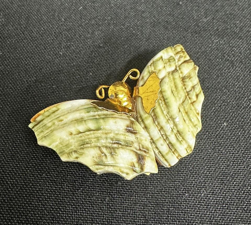 Handmade Gold-toned Butterfly Green Marbled Seashell Brooch