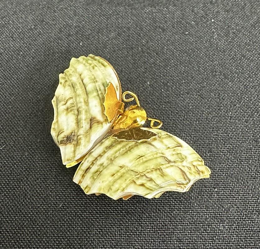 Handmade Gold-toned Butterfly Green Marbled Seashell Brooch