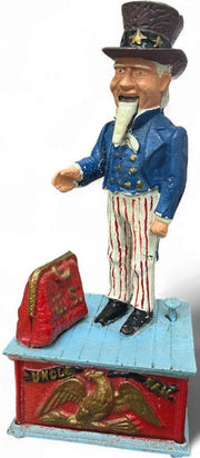 Uncle Sam vintage mechanical cast iron coin bank - working