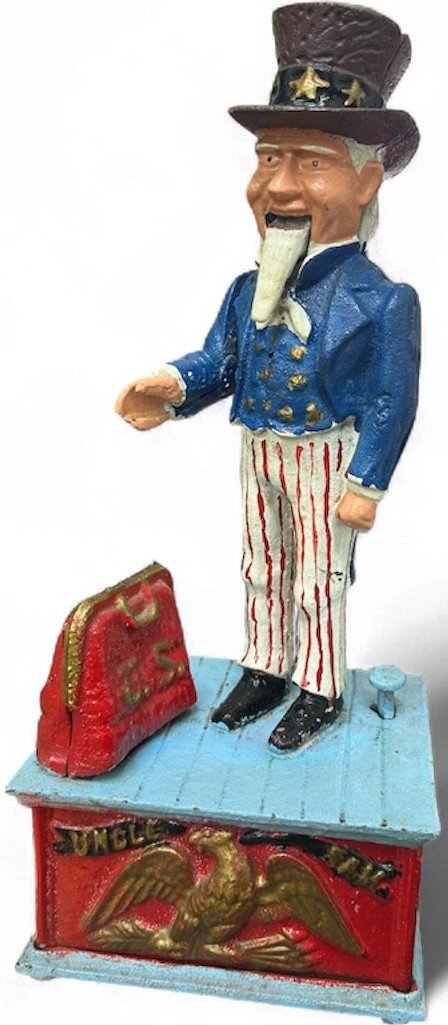 Uncle Sam vintage mechanical cast iron coin bank - working