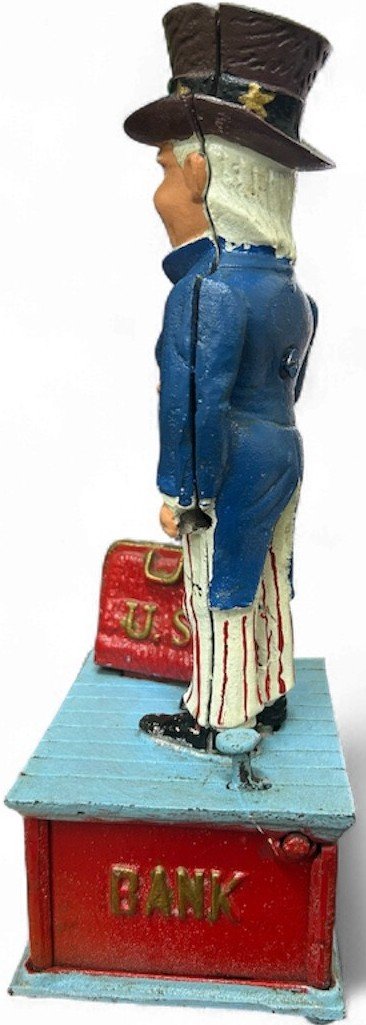 Uncle Sam vintage mechanical cast iron coin bank - working
