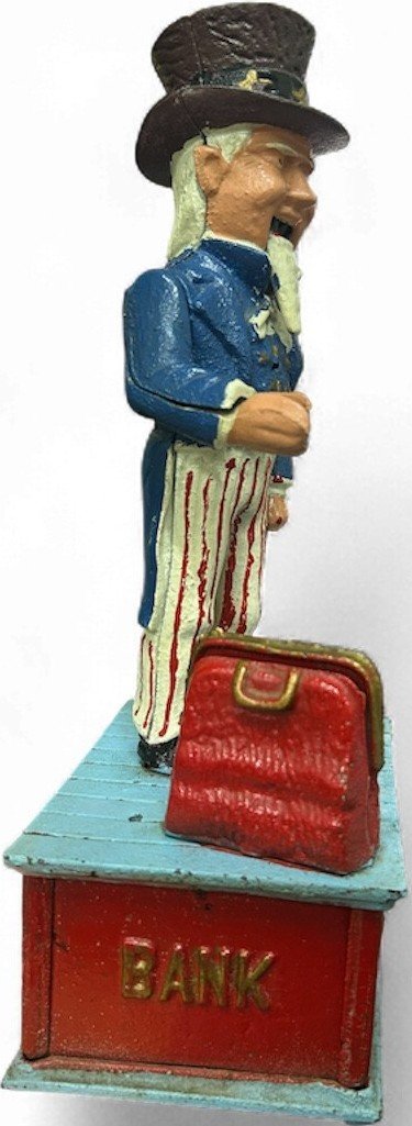 Uncle Sam vintage mechanical cast iron coin bank - working